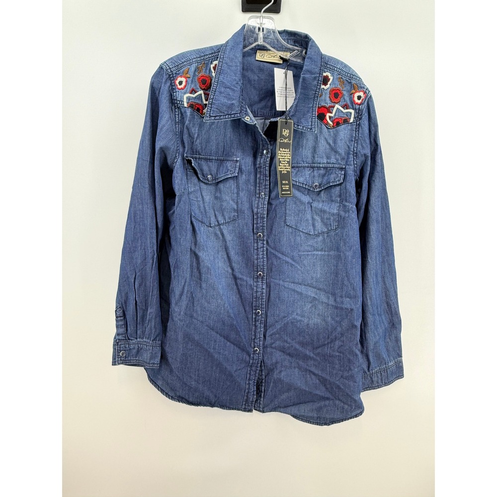 DG2 Diane Gilman Embroidered Chambray Denim Shirt Blue Floral Snap Front XL NEW